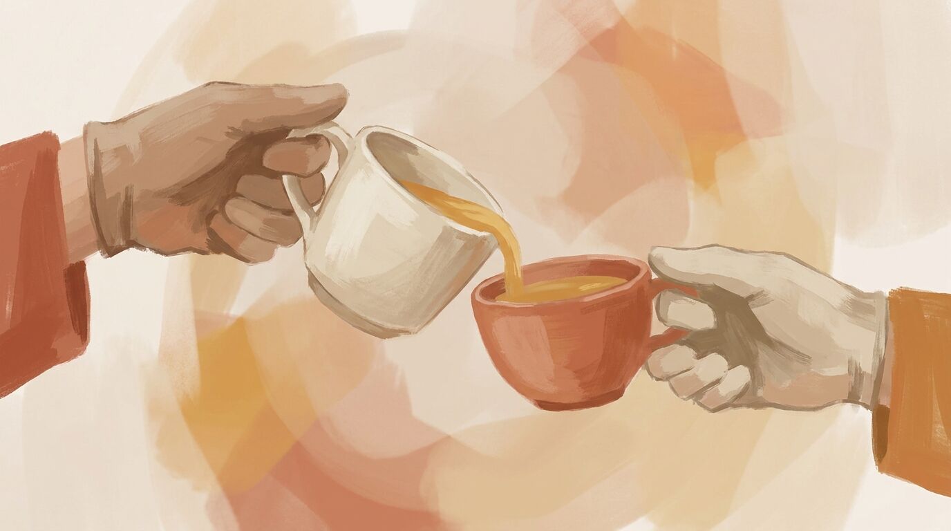 Zwei Hände halten je einen Becher und schenken einander ein, Illustration zu Gibrans Rede über die Ehe