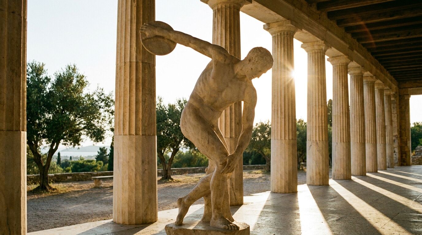 Antike Marmorstatue eines Athleten im Säulengang eines griechischen Gymnasions im Sonnenlicht