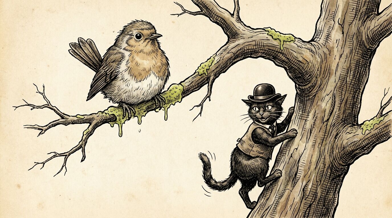 Ein kleiner Vogel sitzt auf einer Leimrute im Baum, während ein schwarzer Kater den Stamm hinaufklettert, Illustration im Stil des 19. Jahrhunderts