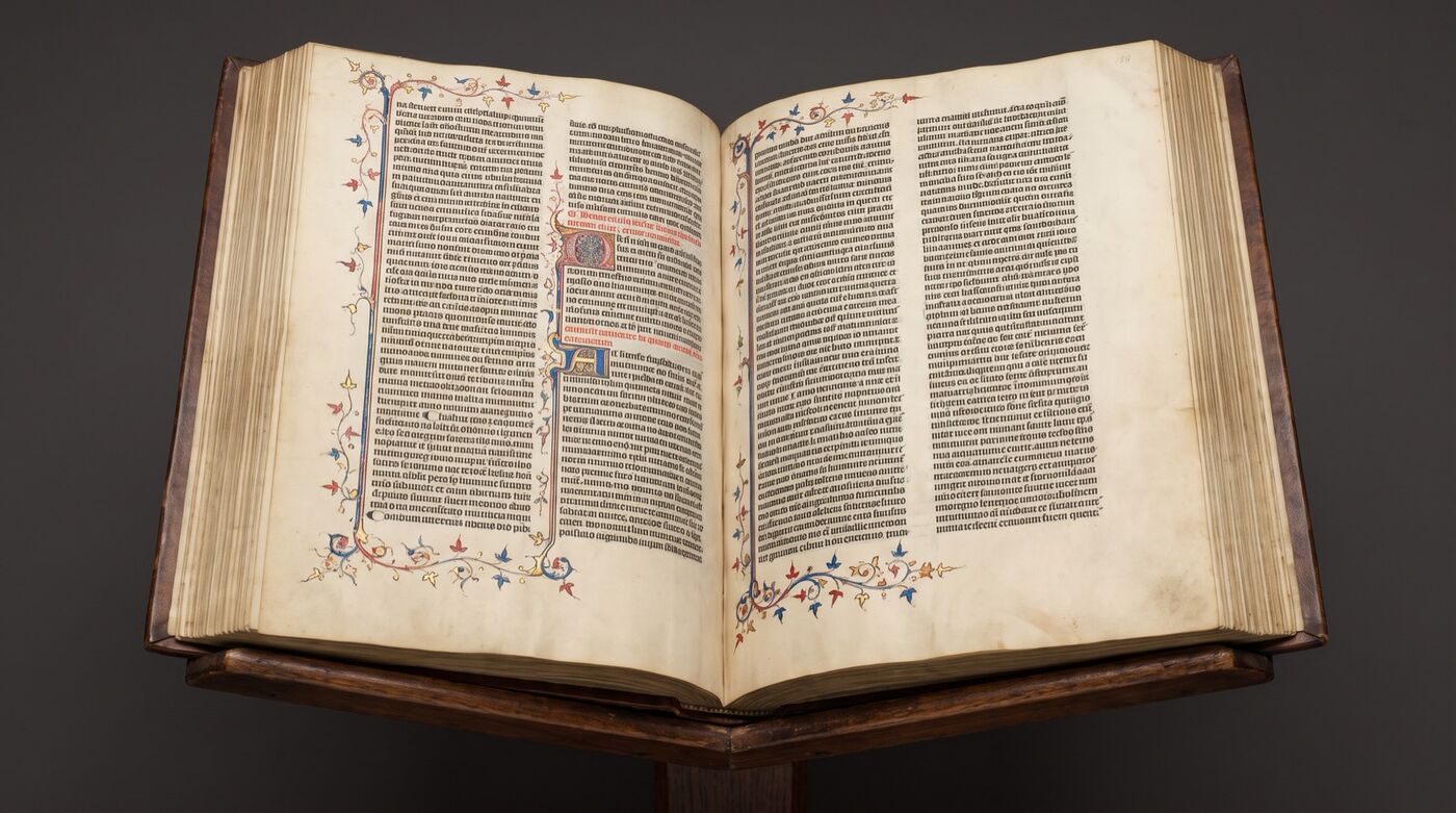 Aufgeschlagene Doppelseite der 42-zeiligen Gutenberg-Bibel mit rubrizierten Initialen