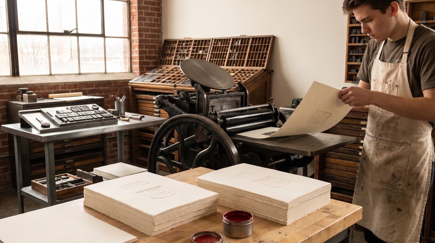 Moderne Letterpress-Werkstatt mit historischer Tiegelpresse und Setzkästen