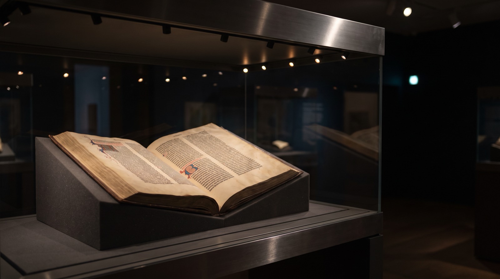 Gutenberg-Bibel in einer klimatisierten Museumsvitrine, aufgeschlagen unter gedimmtem Licht