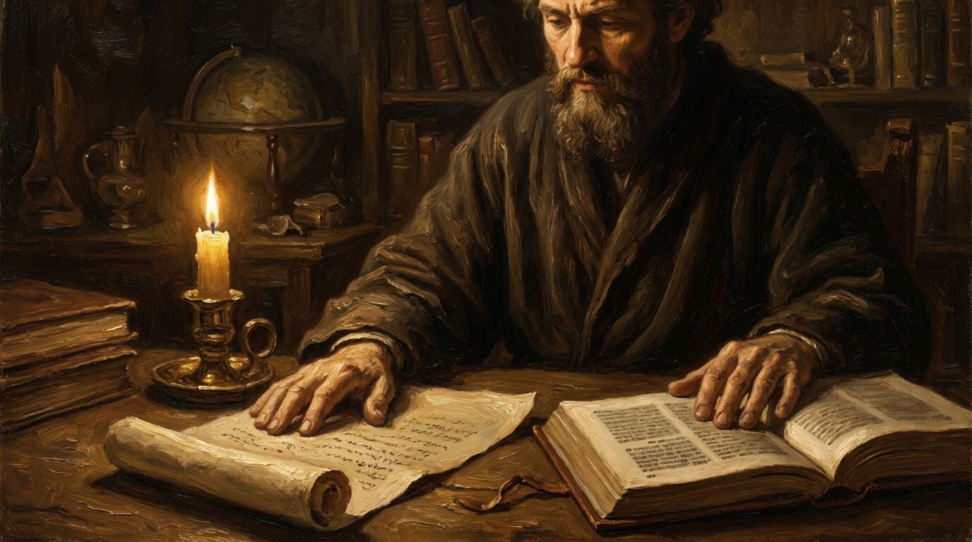 Gelehrter im 17. Jahrhundert vergleicht bei Kerzenlicht eine hebräische Schriftrolle mit einem gedruckten lateinischen Buch, Sinnbild für Spinozas Prüfung der Prophetie