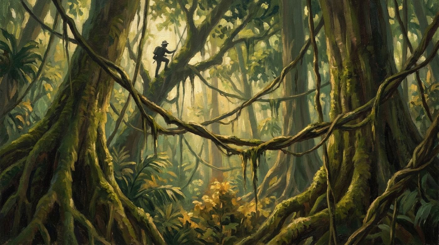 Mann in Lendenschurz schwingt an einer Liane durch dichtes Dschungelblätterdach, Bildidee zu Tarzan bei den Affen