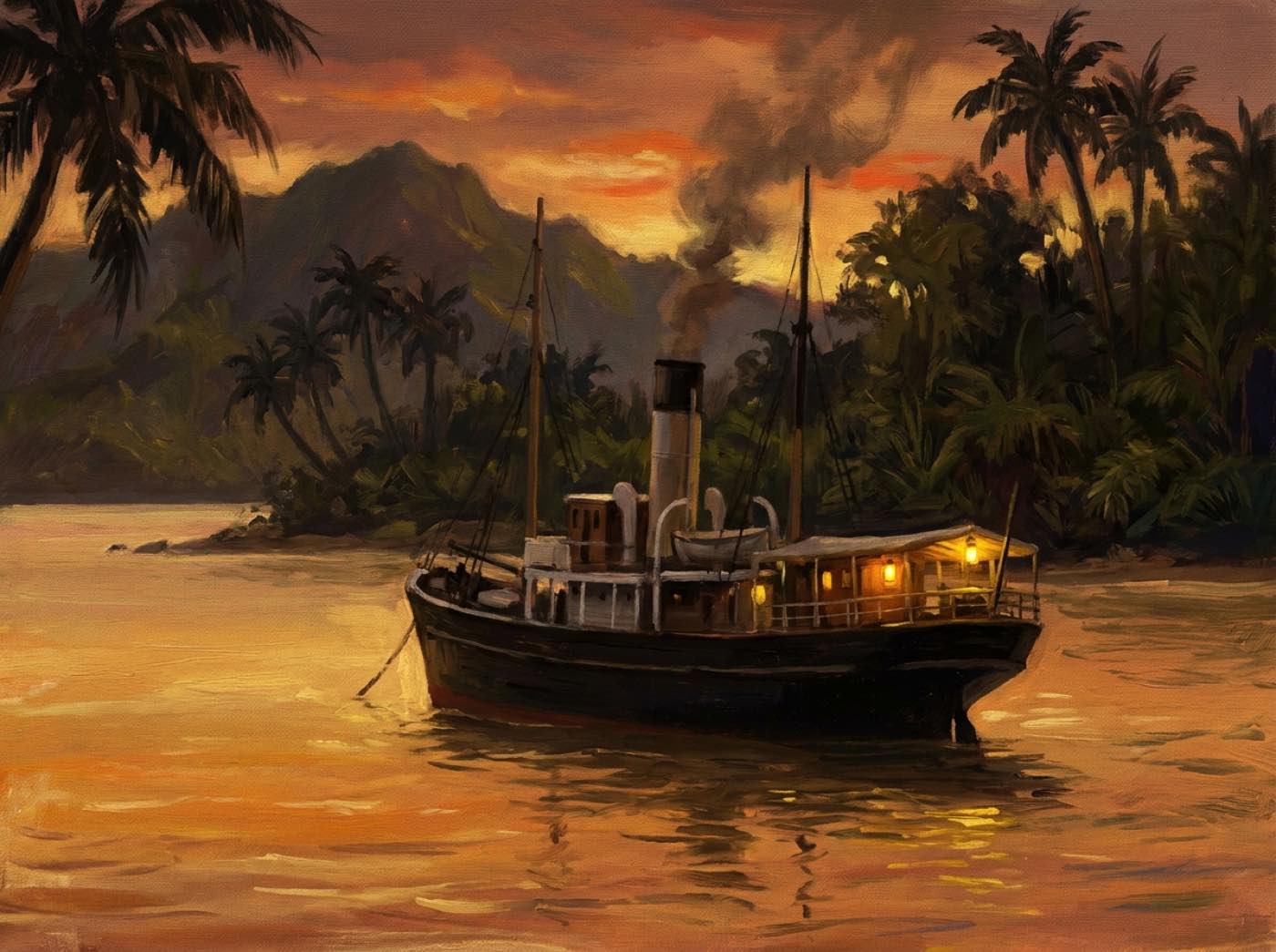 Kleiner Dampfer mit rauchendem Schornstein liegt vor einer bewaldeten Insel im Abendlicht, Szene mit der Kincaid aus The Beasts of Tarzan