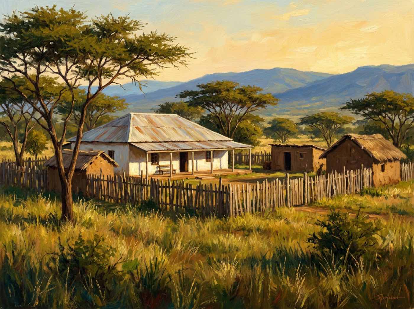 Alte afrikanische Farm mit Wohnhaus, Veranda und Palisade in weiter Savannenlandschaft am Nachmittag, Szene zur Farm des Bwana in The Son of Tarzan
