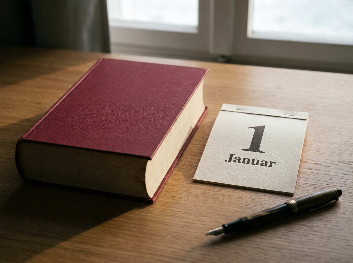 Deutsches Urheberrechtsgesetz als Buch neben einem Kalenderblatt mit dem 1. Januar, Symbol für die Schutzfrist nach § 64 UrhG