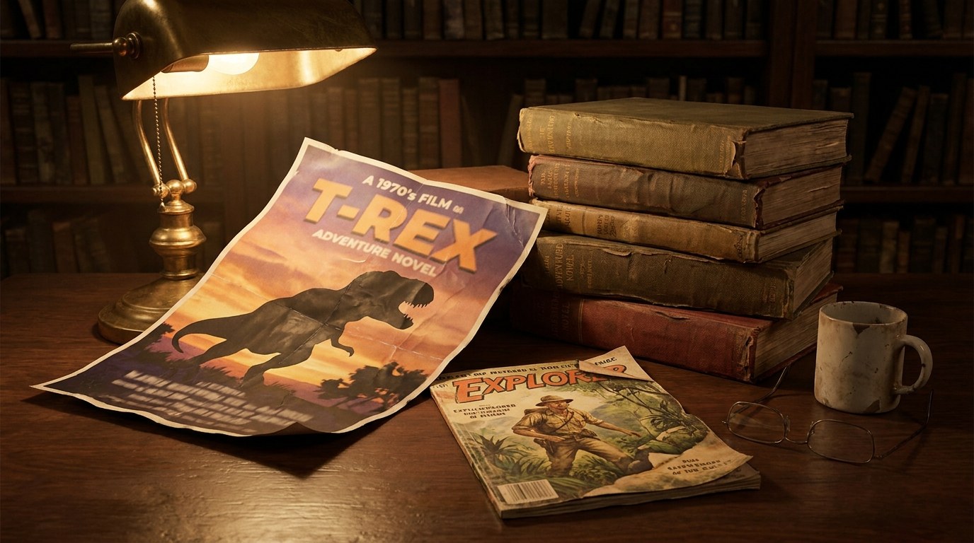 Buchcover-Stapel und Filmplakat-Motiv zur Caspak-Trilogie mit Dinosaurier-Silhouette, Ausgaben und Verfilmungen des Romans