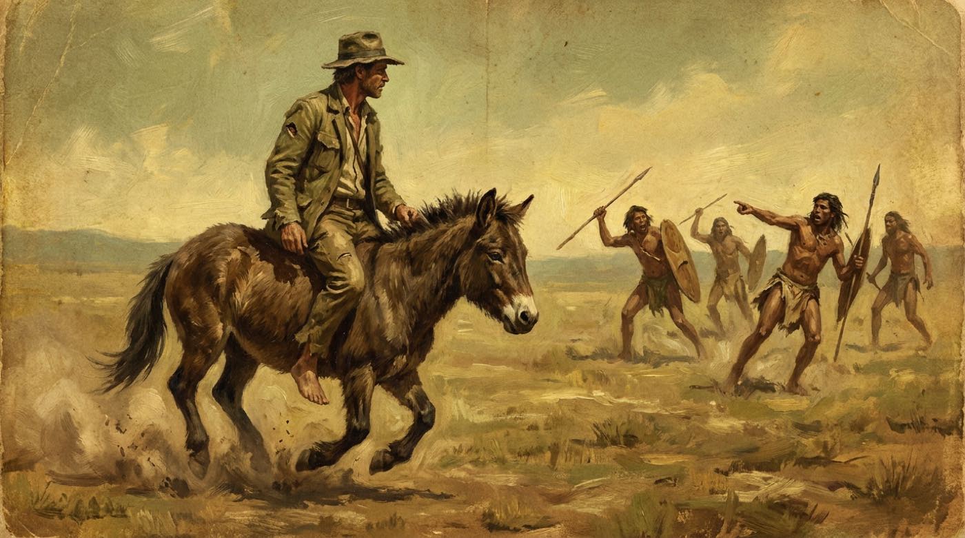 Reiter auf einem kleinen urzeitlichen Pferd galoppiert durch eine Steppe, Szene aus The People That Time Forgot