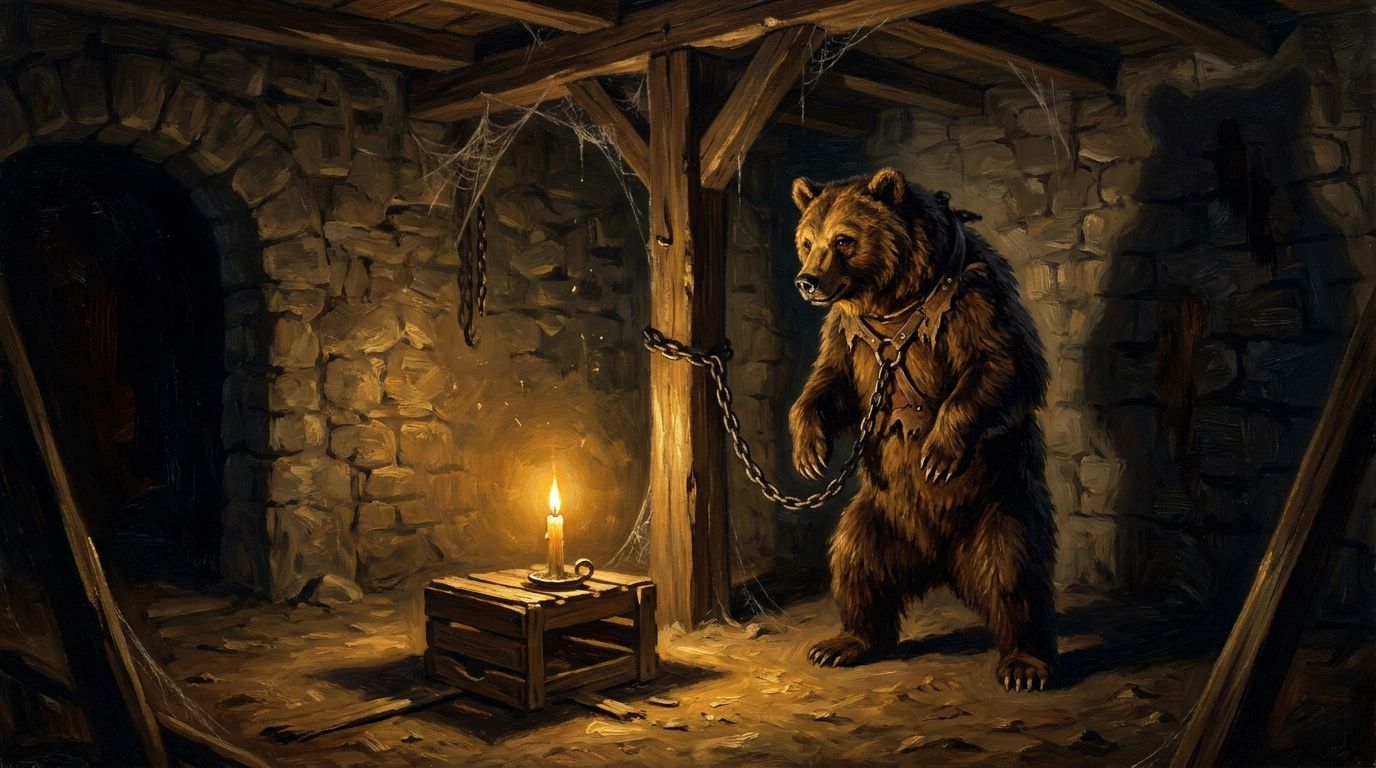 Angeketteter Tanzbär im Keller eines verfallenen Farmhauses bei Kerzenlicht, Schlüsselszene aus The Oakdale Affair