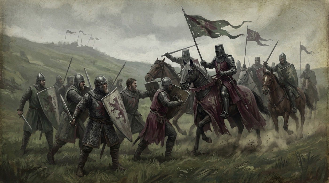 Ritter und aufständische Barone im Kampf auf einem englischen Schlachtfeld des 13. Jahrhunderts, historischer Hintergrund von The Outlaw of Torn