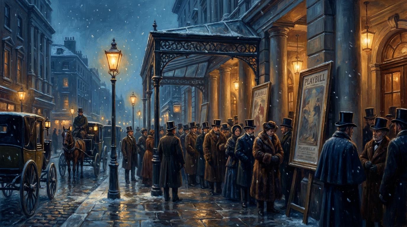 Londoner Theater bei Abendvorstellung im Winter 1895 mit Kutschen und Publikum in Abendgarderobe vor dem Portikus