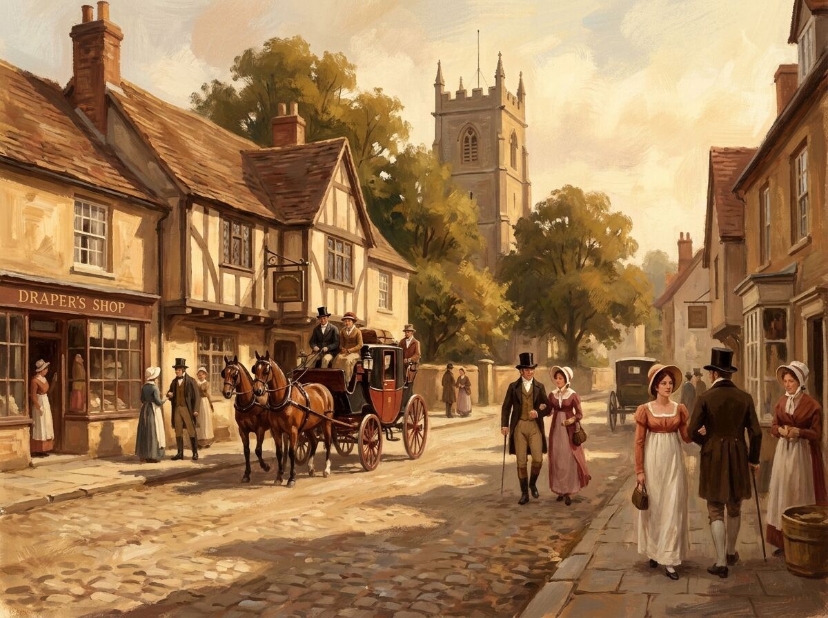 Dorfstraße im englischen Surrey um 1815 mit Kutsche, Gasthaus und Laden, Kulisse wie das fiktive Highbury aus Emma