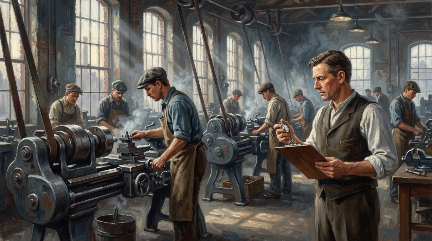 Arbeiter an Drehbänken in einem amerikanischen Maschinenwerk der 1920er Jahre, ein Berater mit Stoppuhr beobachtet die Abläufe