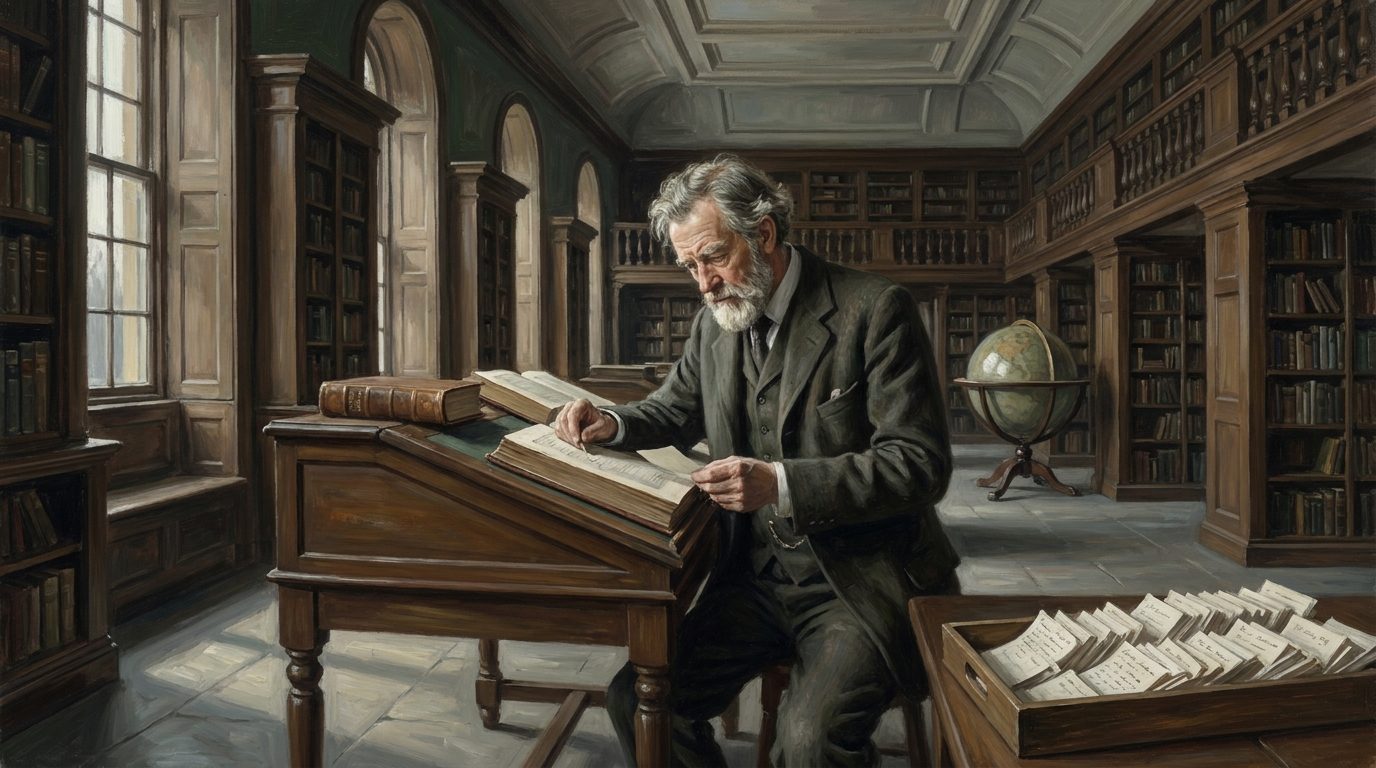 Edwardianischer Gelehrter am Schreibpult in einem Bibliothekssaal, umgeben von Folianten und Karteikarten, bei der Arbeit an einem Lexikon