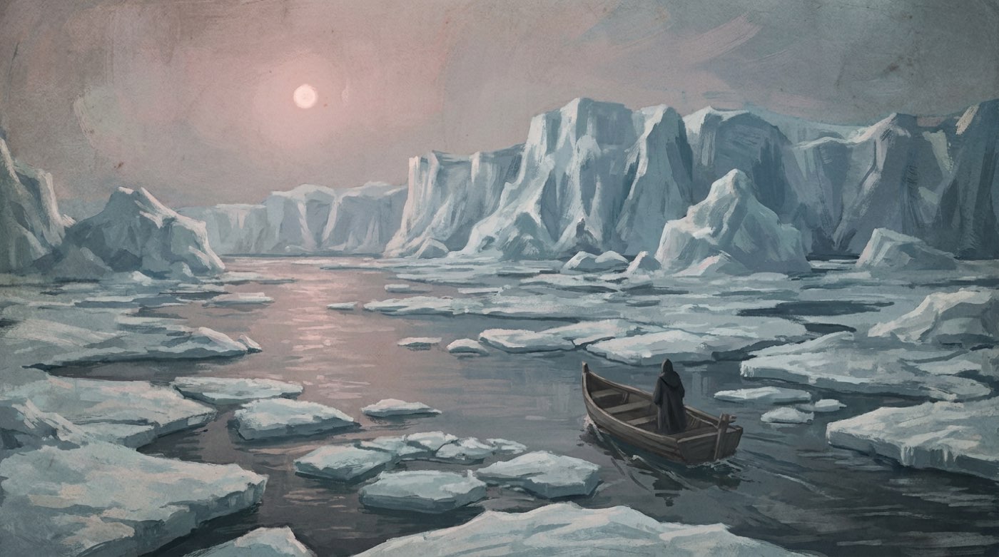 Fluss mit Eisschollen unter fremdartigem Himmel, im Vordergrund ein hölzernes Boot, düstere Stimmung
