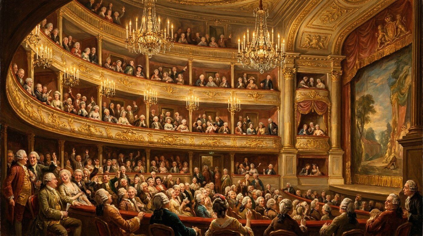 Blick in einen englischen Theatersaal des 18. Jahrhunderts mit Rängen, Kerzenleuchtern und lachendem Publikum