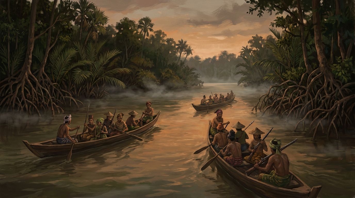 Malaiische Prauen mit bewaffneter Besatzung auf einem Dschungelfluss in Borneo bei Dämmerung, Szene aus The Monster Men