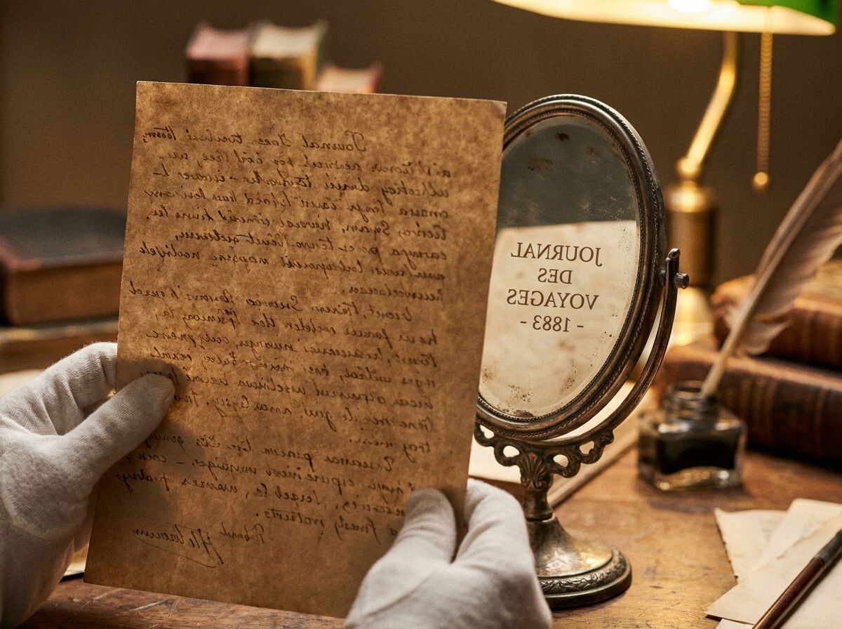 Blatt mit Spiegelschrift vor einem kleinen Handspiegel, in dem die Schrift Leonardo da Vincis lesbar erscheint