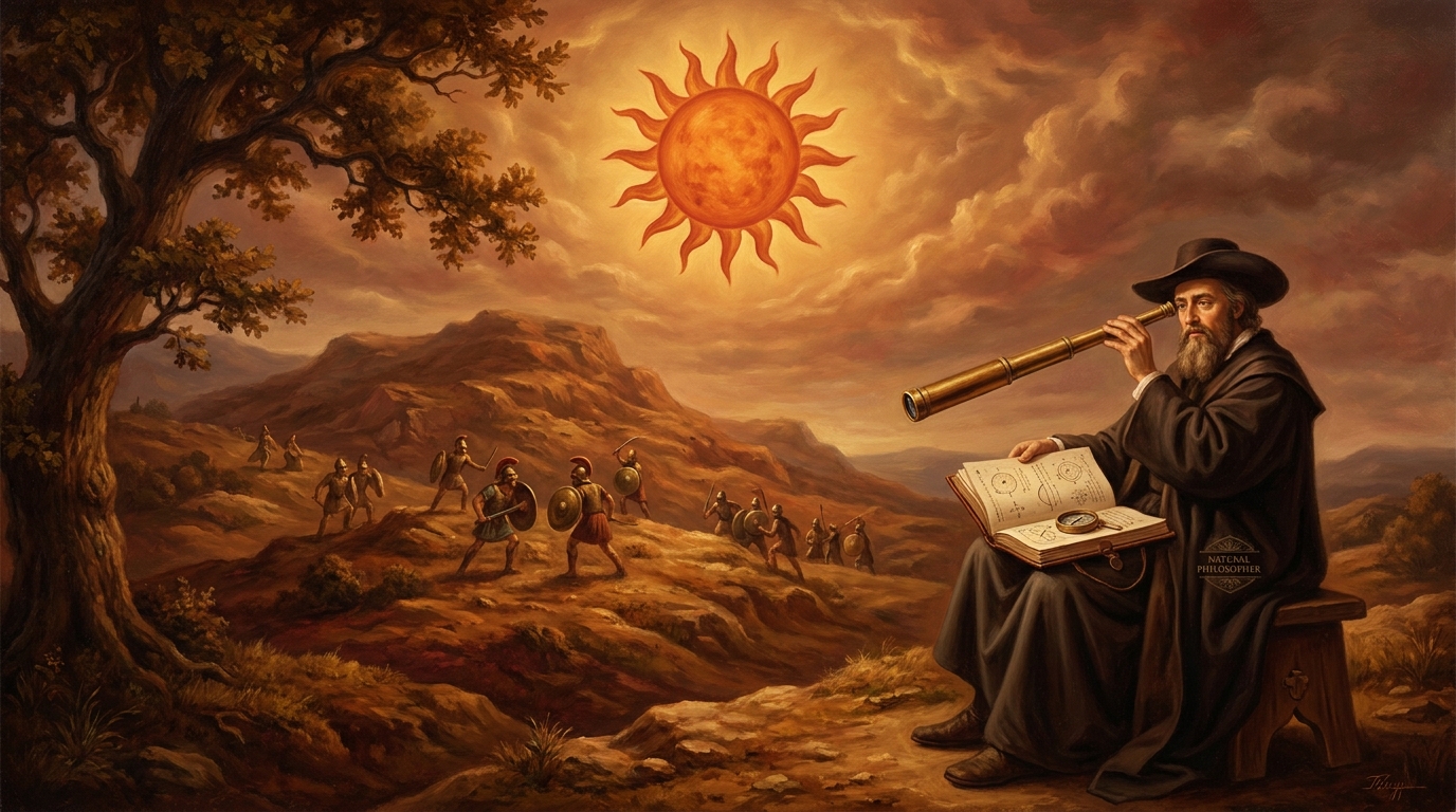 Symbolische Darstellung: Sonne über einem Schlachtfeld, davor ein Naturforscher mit Instrumenten, Anspielung auf Spinozas Deutung des Sonnenwunders bei Josua