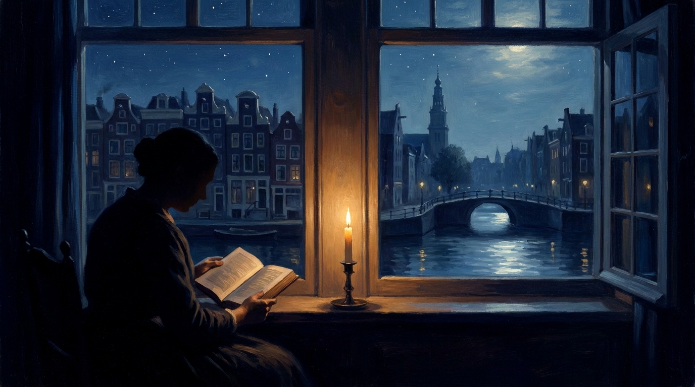 Silhouette eines Lesers am Fenster über einer Grachtenstadt bei Nacht, ein Buch im Licht, Sinnbild für die Freiheit zu philosophieren nach Spinoza