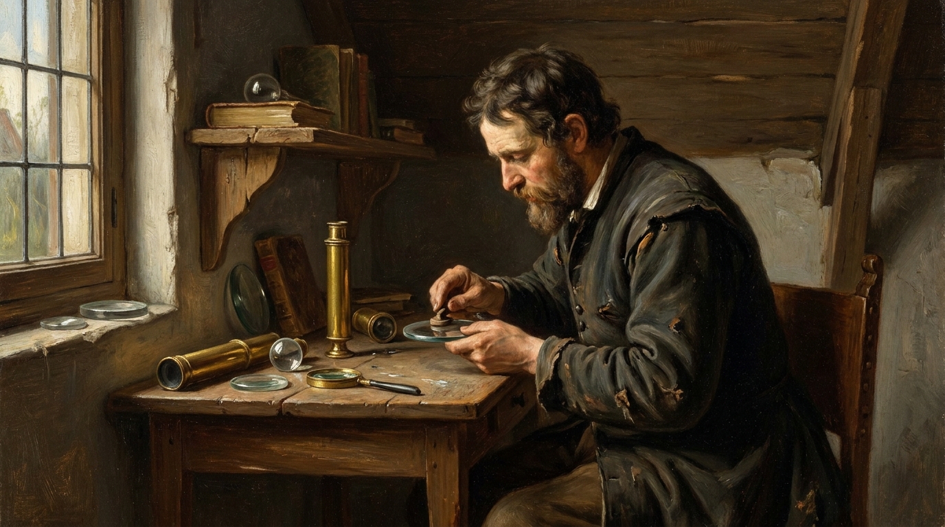 Baruch de Spinoza in seiner Werkstatt beim Schleifen optischer Linsen, Den Haag, 17. Jahrhundert