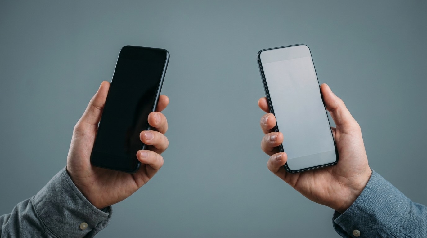 Zwei Hände halten Smartphones mit deutlichem Abstand zueinander, Symbolbild für Distanz in der digitalen Kommunikation