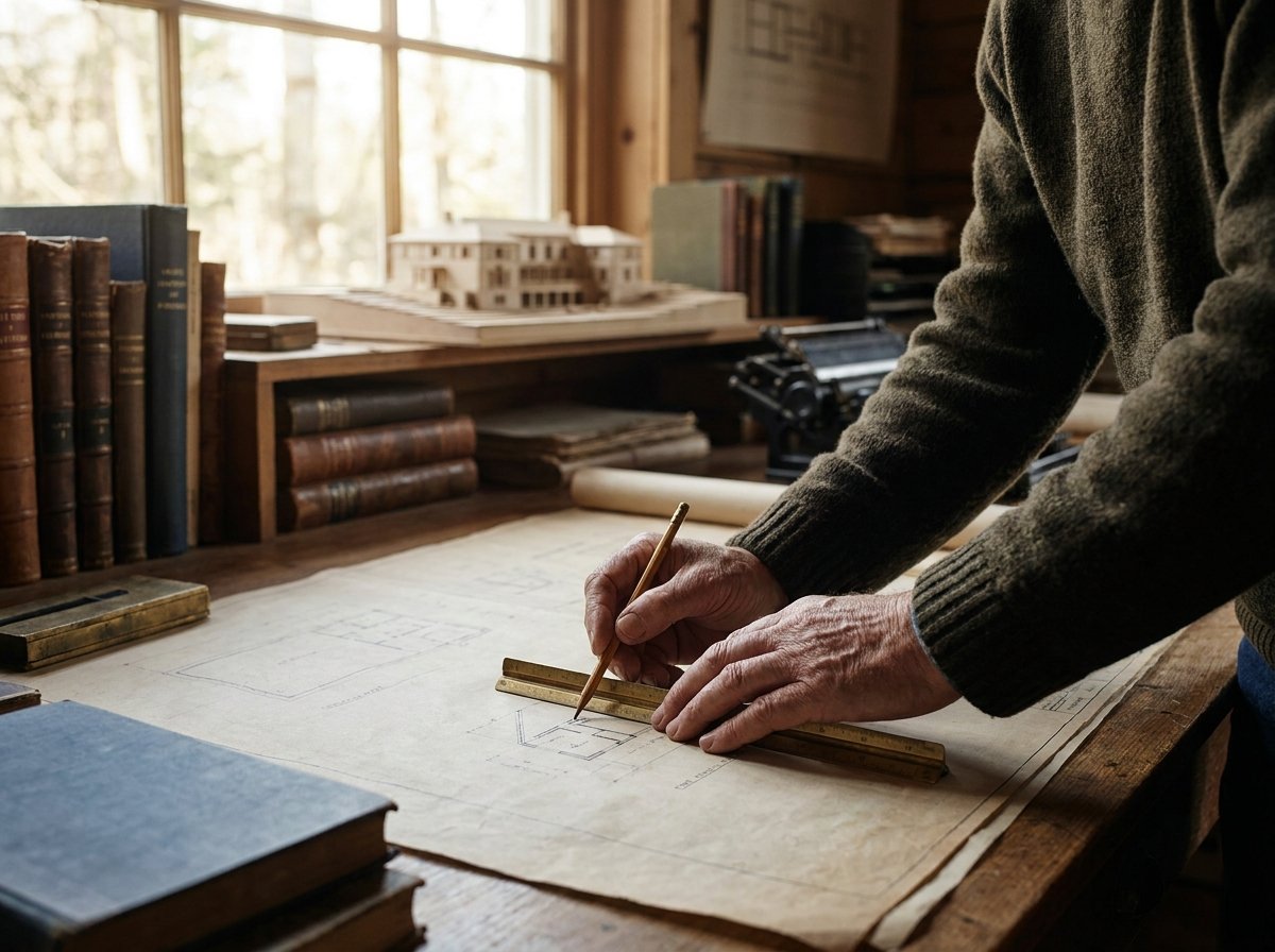 Hand eines Architekten zeichnet ein feines Detail auf einem Bauplan