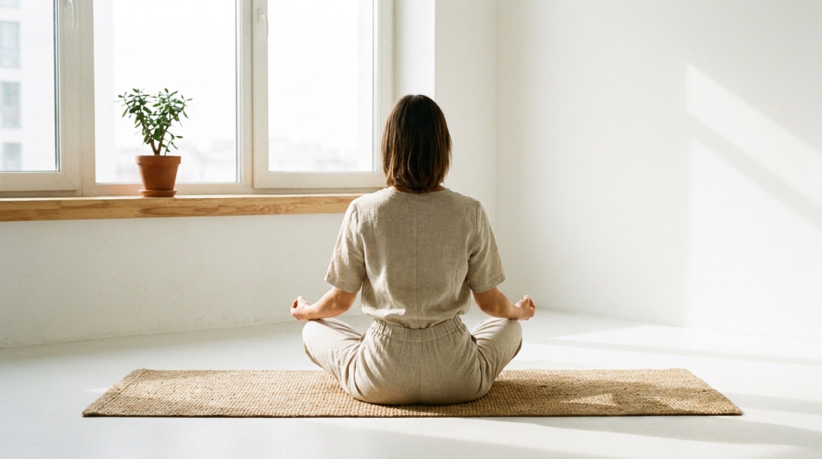 Person sitzt im Schneidersitz auf einer Yogamatte, von hinten gesehen, Morgenlicht durch ein großes Fenster