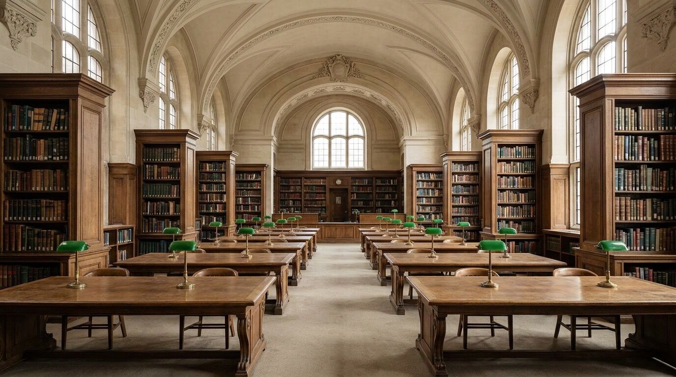 Historischer Lesesaal einer von Rockefeller gestifteten Bibliothek mit hohen Bücherregalen