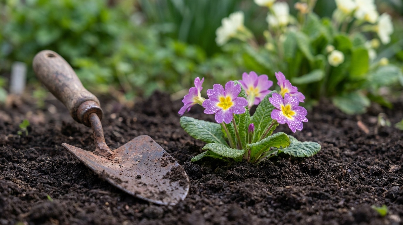Kleine blühende Pflanze in einem Garten neben einer alten Gartenschaufel