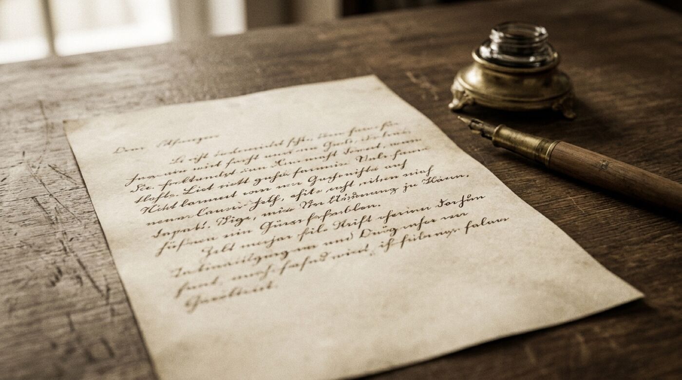 Handschriftlicher Brief mit Füllfederhalter auf einem Schreibtisch, Stil um 1918