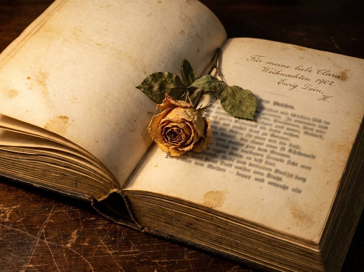 Aufgeschlagenes altes Gedichtbuch mit einer handschriftlichen Widmung an die Mutter