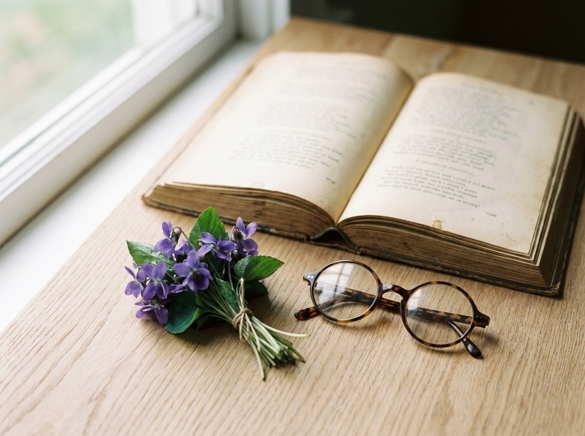 Aufgeschlagenes altes Buch mit einem Gedicht, daneben Veilchen und eine Lesebrille auf hellem Holz