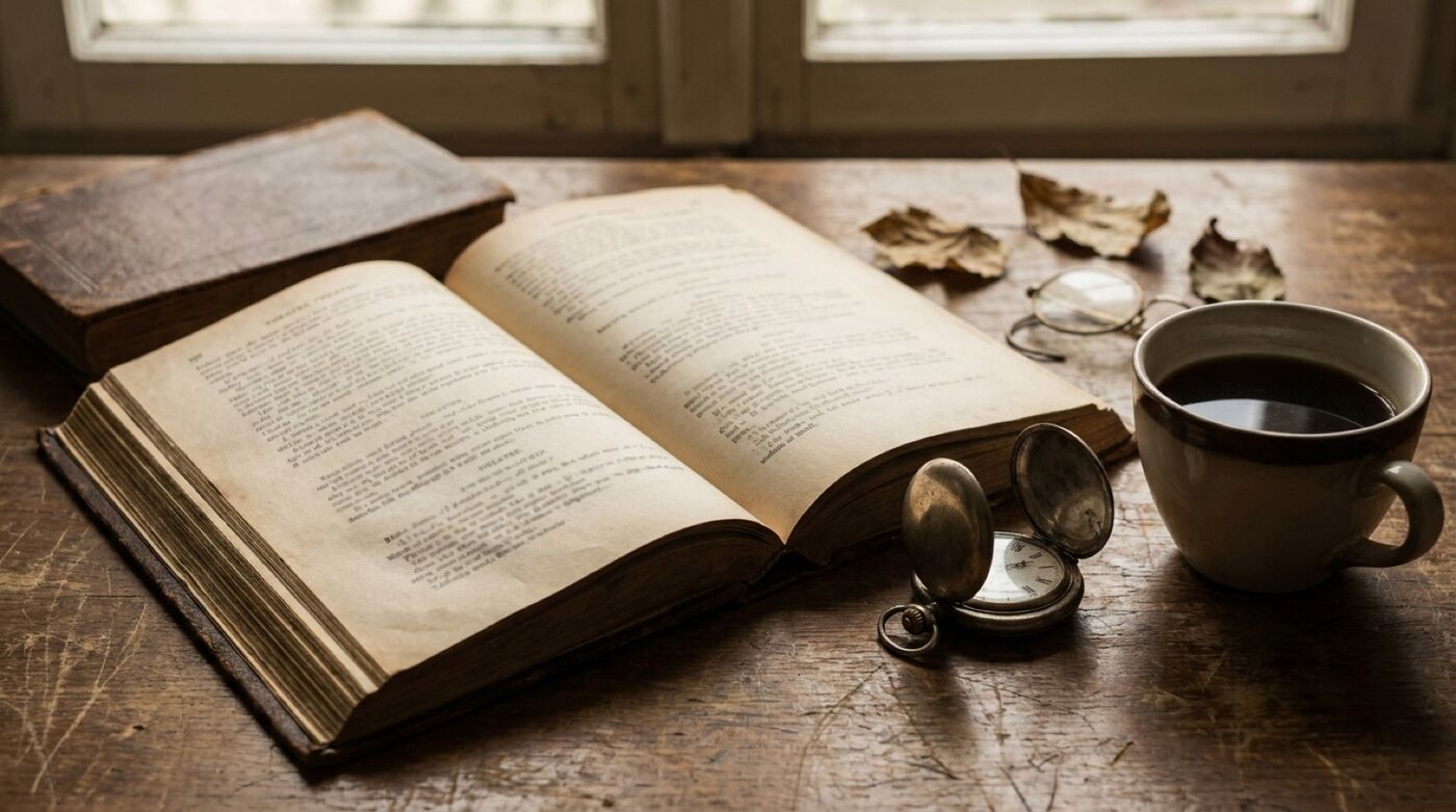 Aufgeschlagenes altes Buch mit Theatertext auf einem Holztisch, daneben eine Taschenuhr