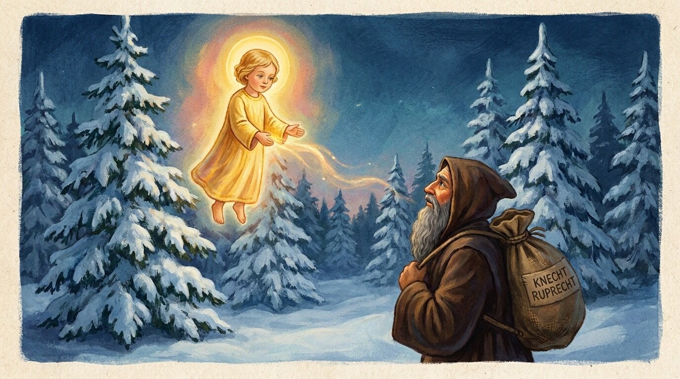 Christkind spricht im winterlichen Tannenwald mit Knecht Ruprecht, Szene aus dem Gedicht von Theodor Storm