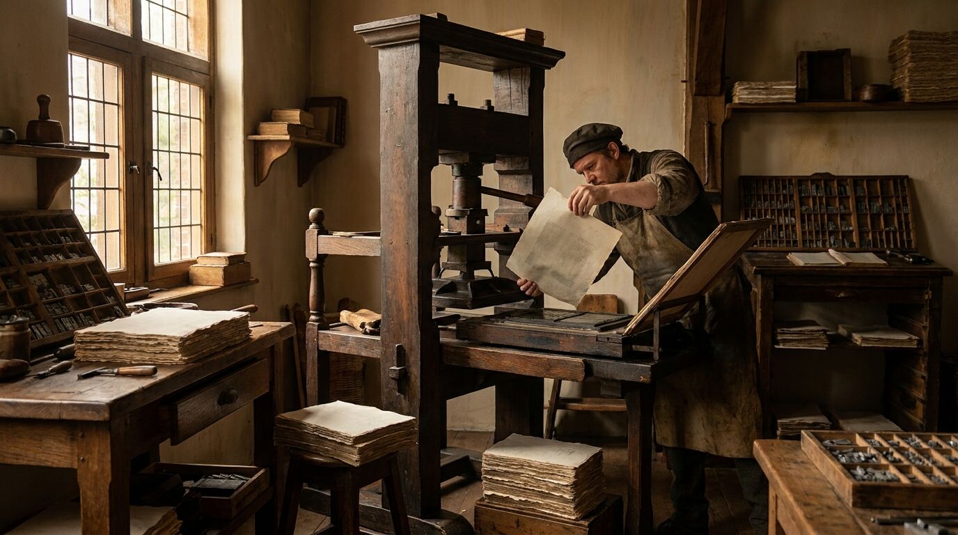 Druckerwerkstatt des 17. Jahrhunderts mit Handpresse, wie sie den Discours de la méthode 1637 in Leiden druckte