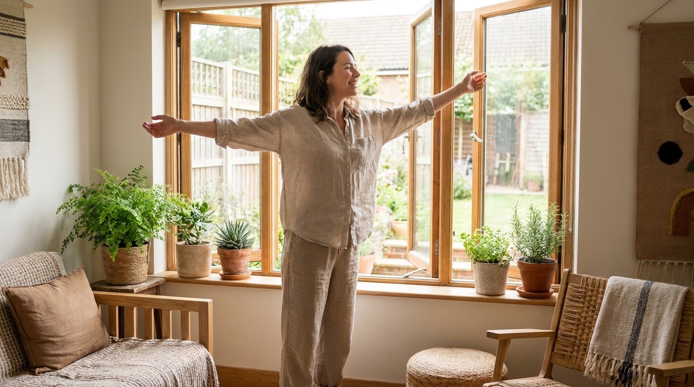 Frau streckt sich am offenen Fenster im Morgenlicht und wirkt voller Energie