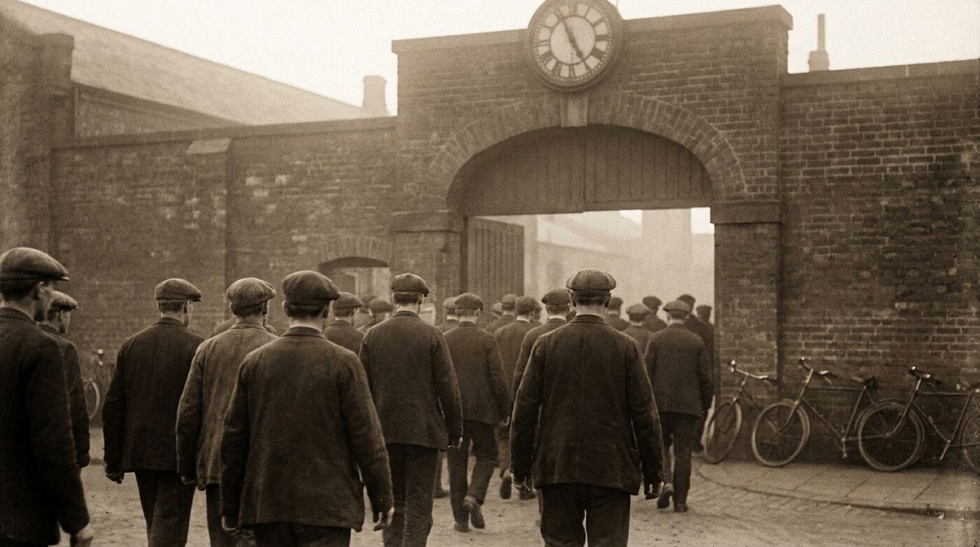 Arbeiter verlassen um 1906 eine Fabrik durch das Werkstor, Fabrikuhr über dem Tor