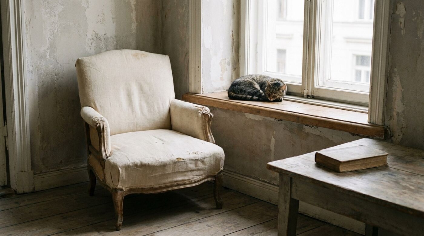 Leerer Sessel an einem hohen Fenster an einem grauen Sonntagnachmittag, Katze auf der Fensterbank