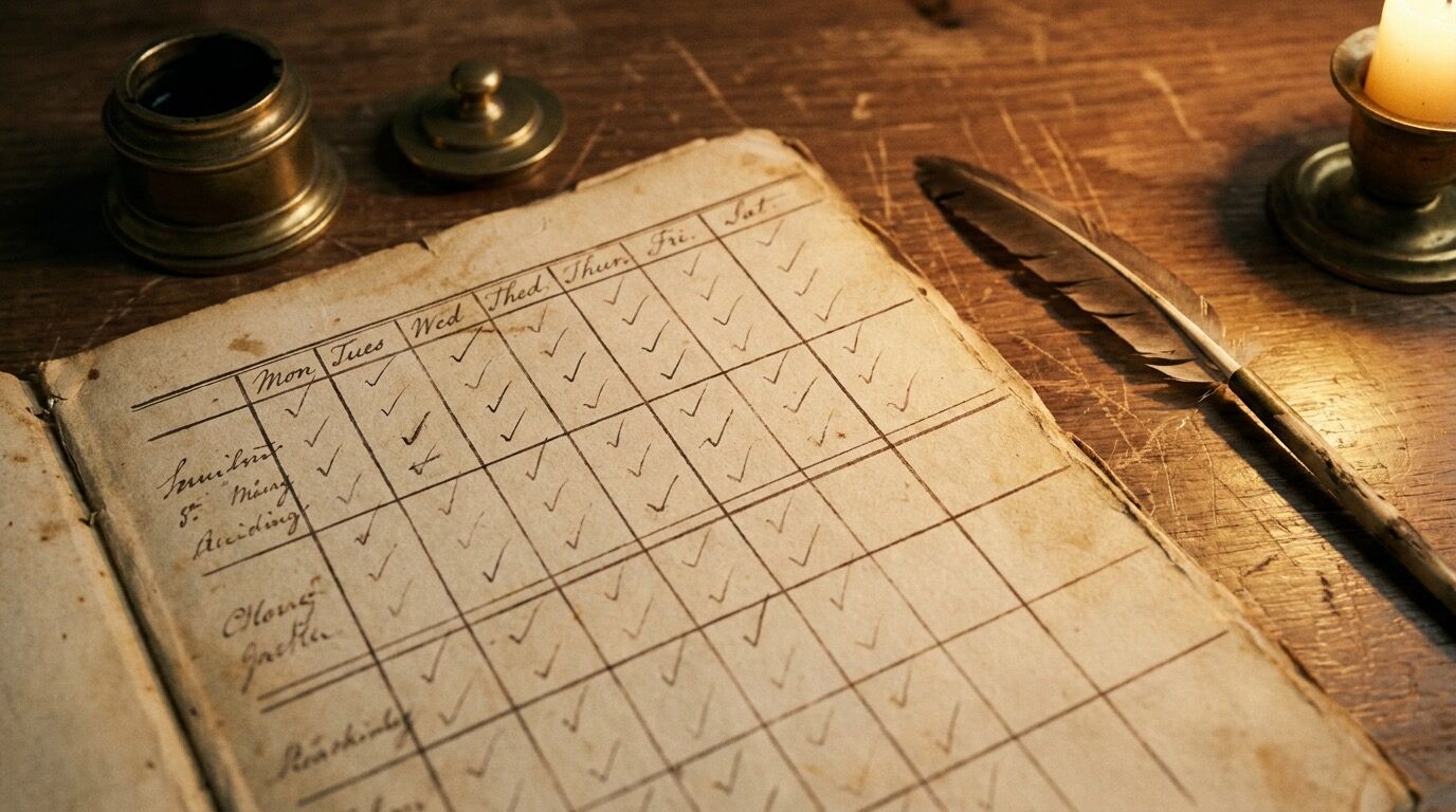Historisches Notizbuch mit einer handgeschriebenen Wochentabelle und Häkchen