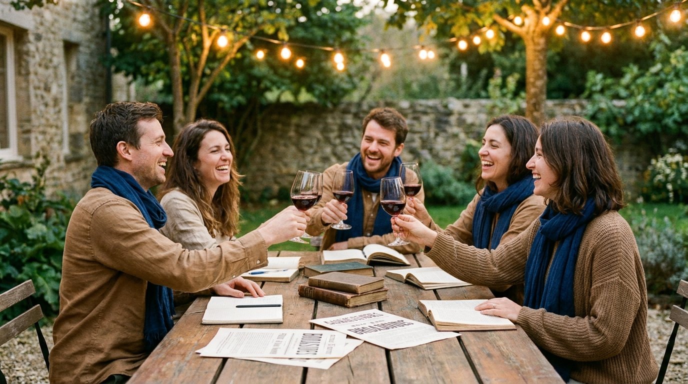 Freunde lachen abends an einem langen Holztisch im Freien
