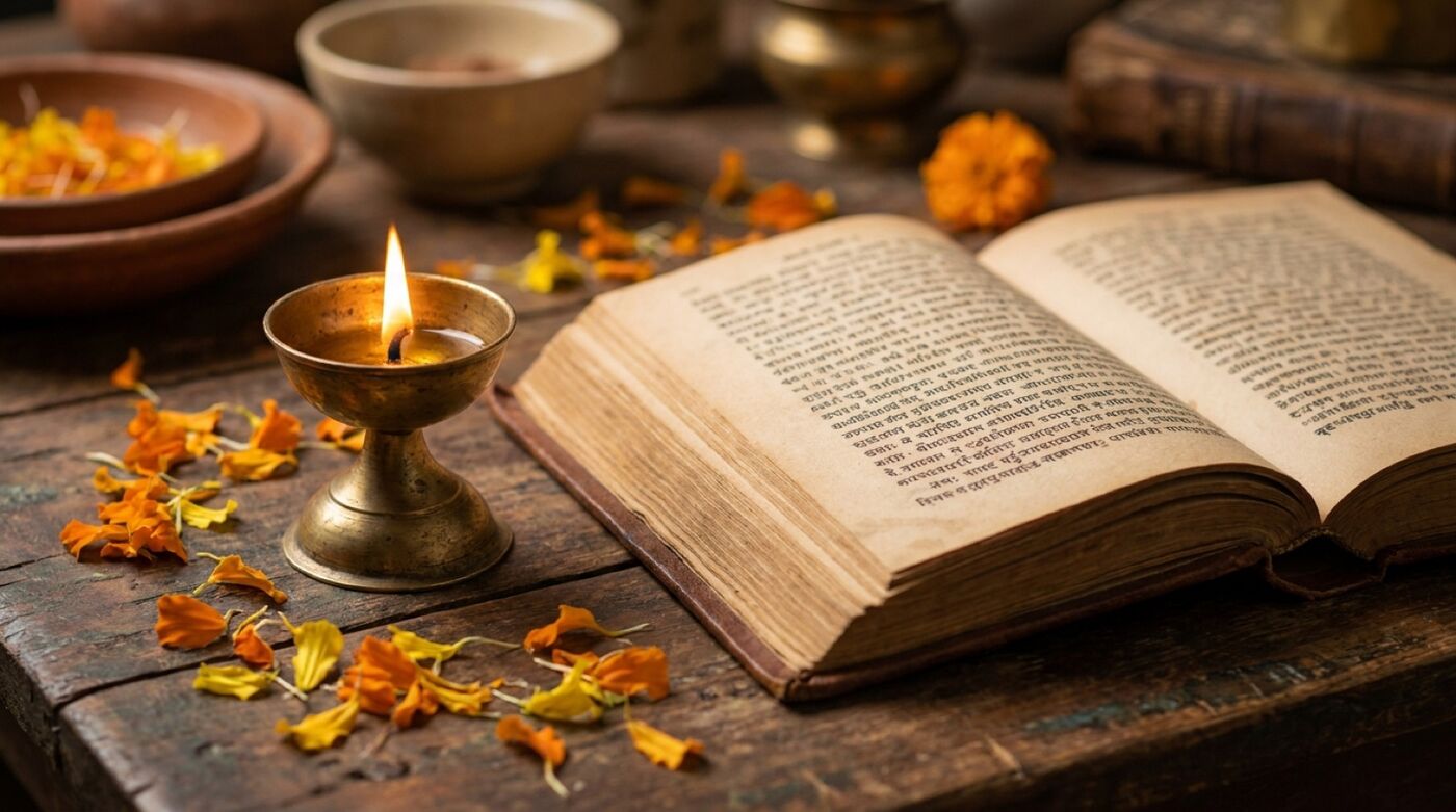 Aufgeschlagene Bhagavad Gita mit Sanskrit-Text neben einer brennenden Öllampe, warmes Licht