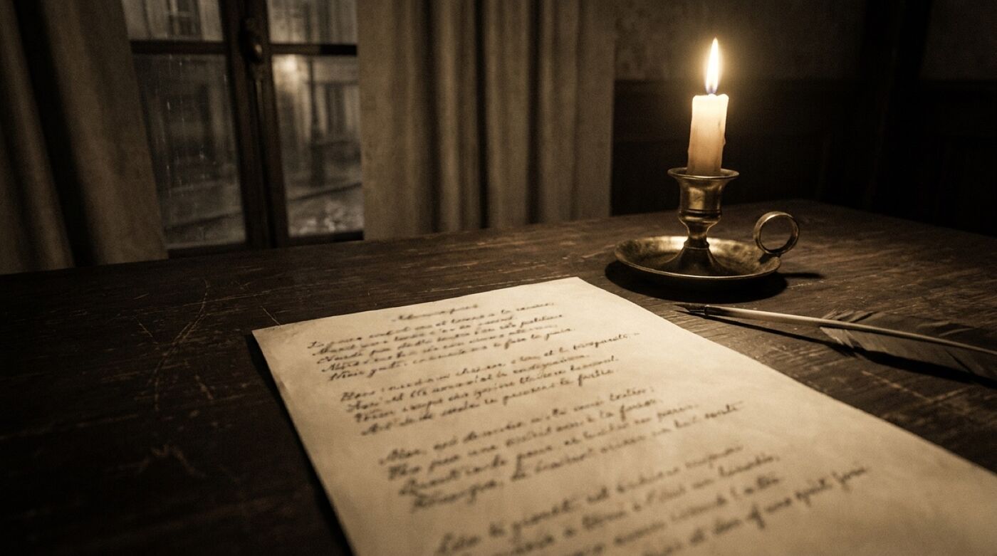 Alte Handschrift auf Papier bei Kerzenlicht, Gedichtzeilen, ruhige nächtliche Szene