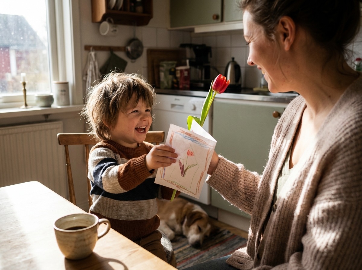 Kind überreicht der Mutter eine selbst geschriebene Karte mit einem Gedicht und einer Blume