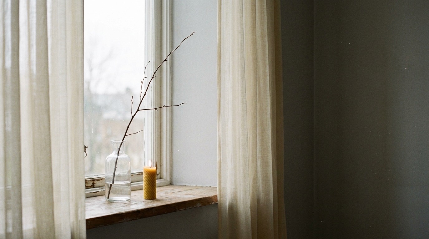 Kerze und Vase mit einem einzelnen Zweig vor einem hellen Fenster