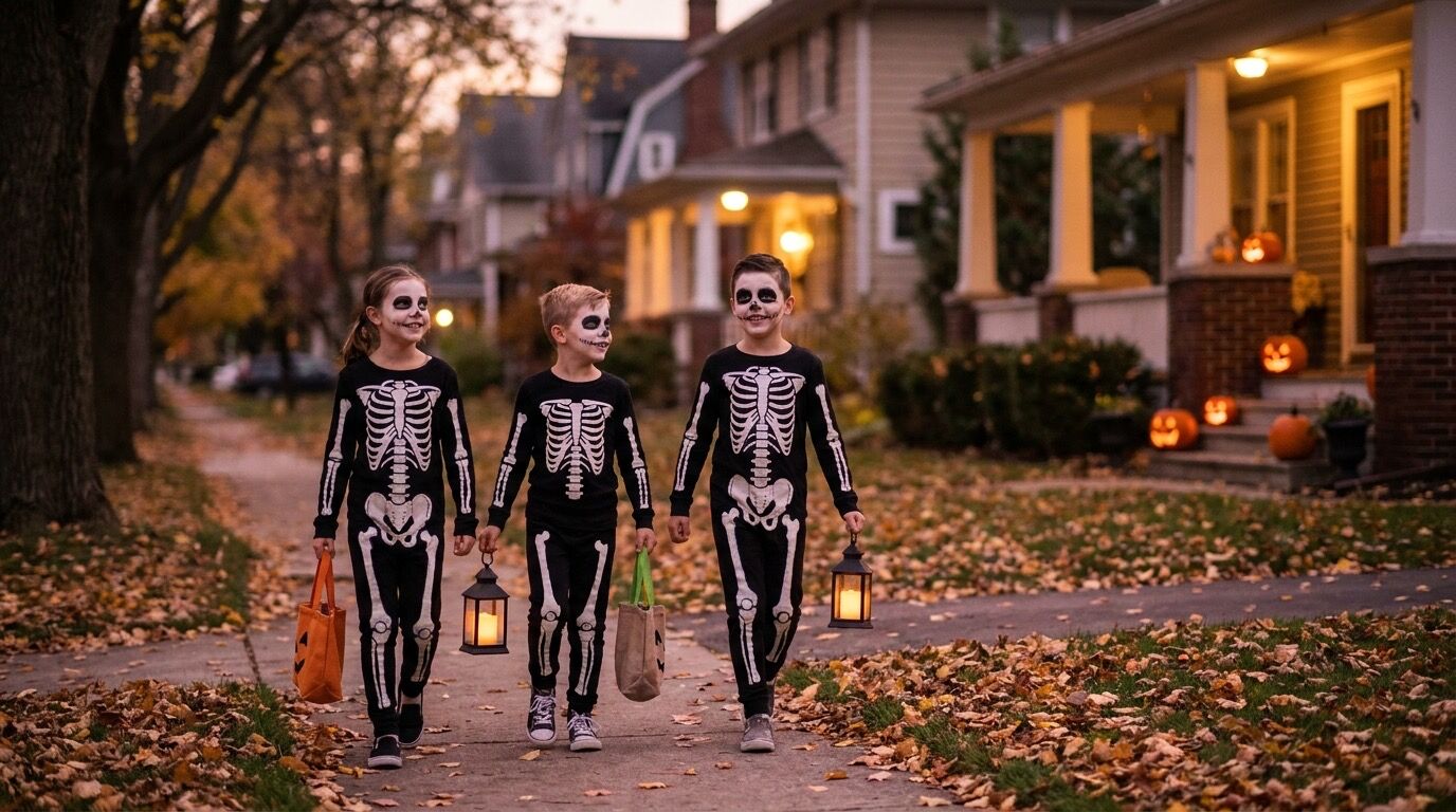 Kinder im Skelettkostüm ziehen mit Laternen und Sammelbeuteln durch eine herbstliche Straße