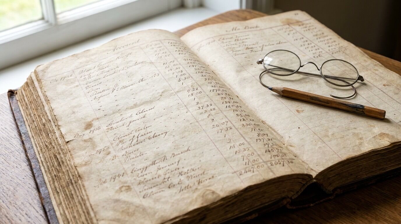 Aufgeschlagenes historisches Rechnungsbuch mit handschriftlichen Einträgen in Einnahmen und Ausgaben