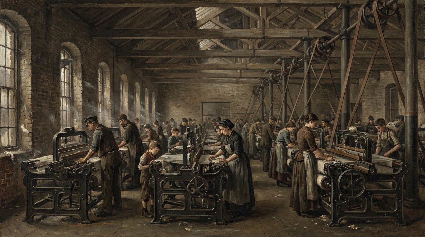 Frühindustrielle Textilfabrik um 1840 mit mechanischen Webstühlen, Bezug zu Proudhons Kapitel über die Maschinen