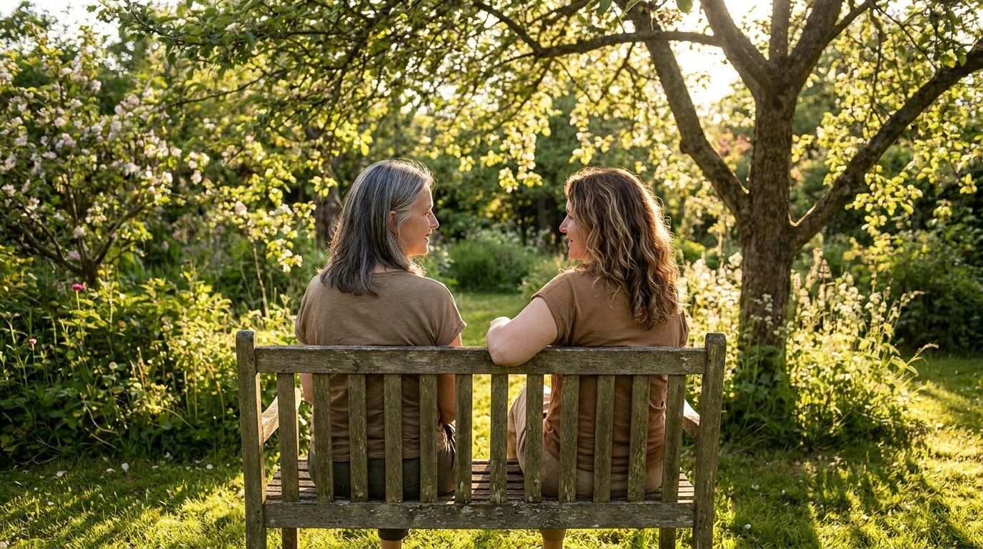 Junge Frau und ihre Mutter sitzen nebeneinander auf einer Bank im Garten